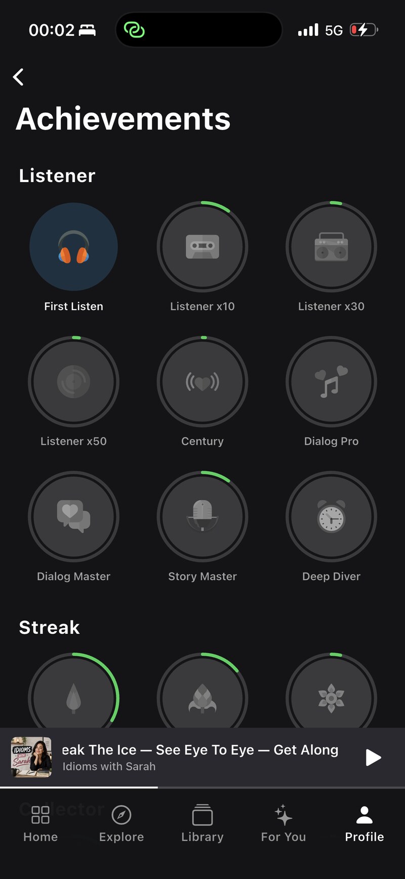 Achievements screen with Listener and Streak badges