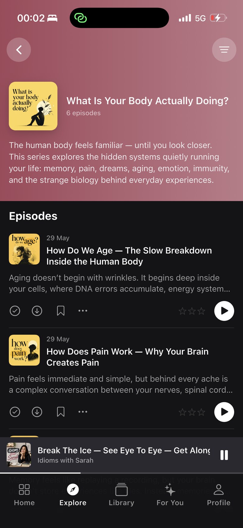 Series detail with episodes list and progress