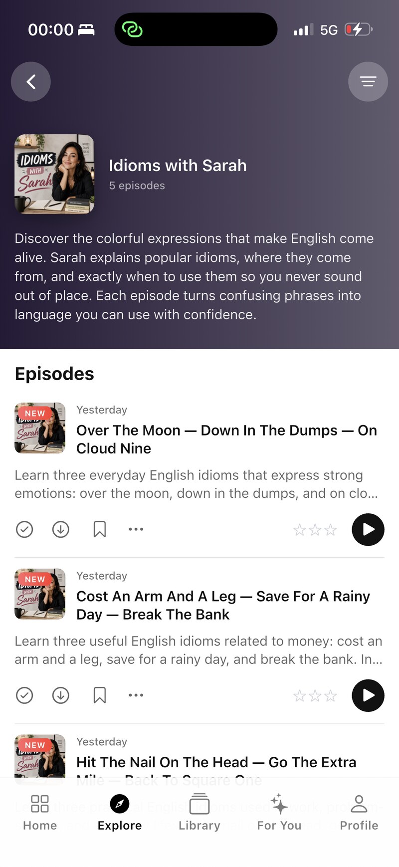 Idioms with Sarah series with new episodes marked