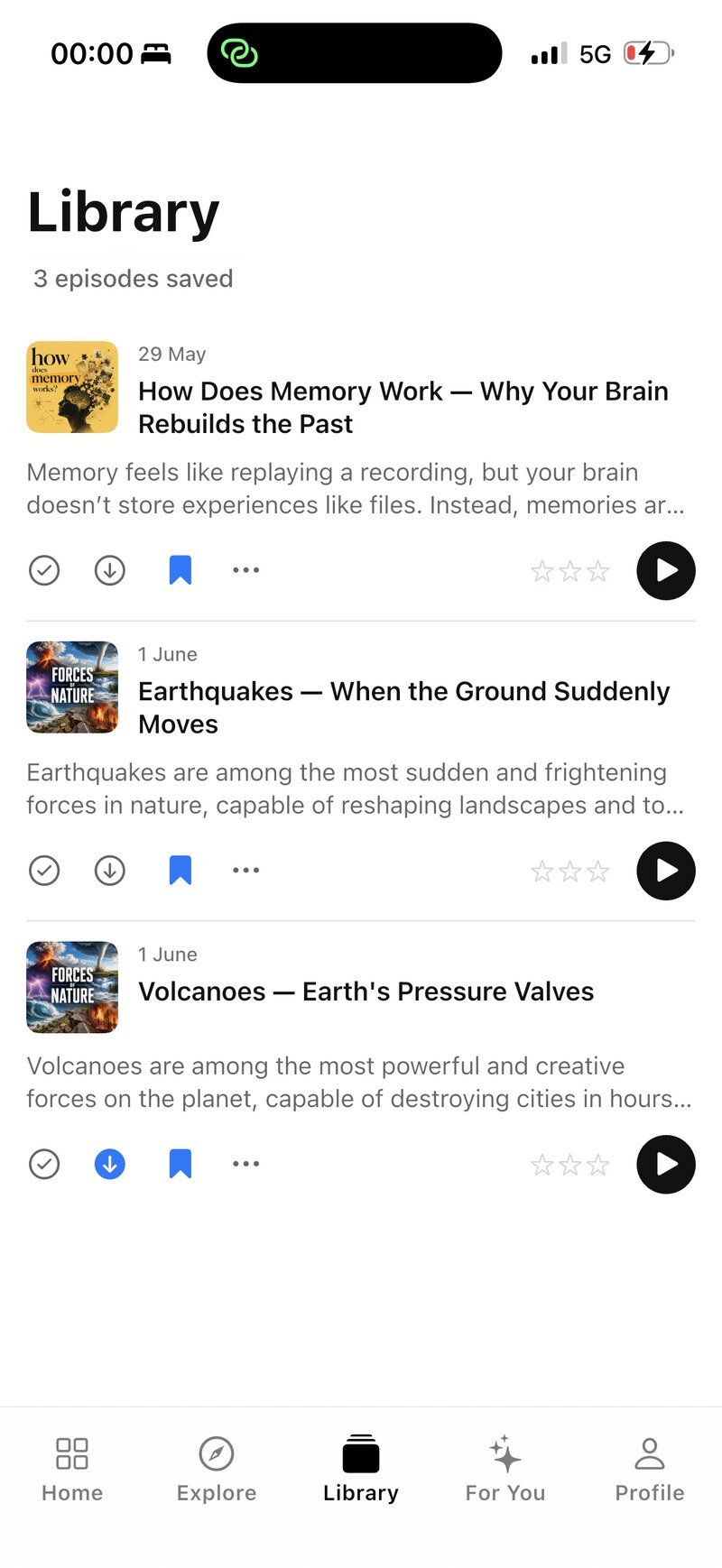 Library tab showing saved episodes