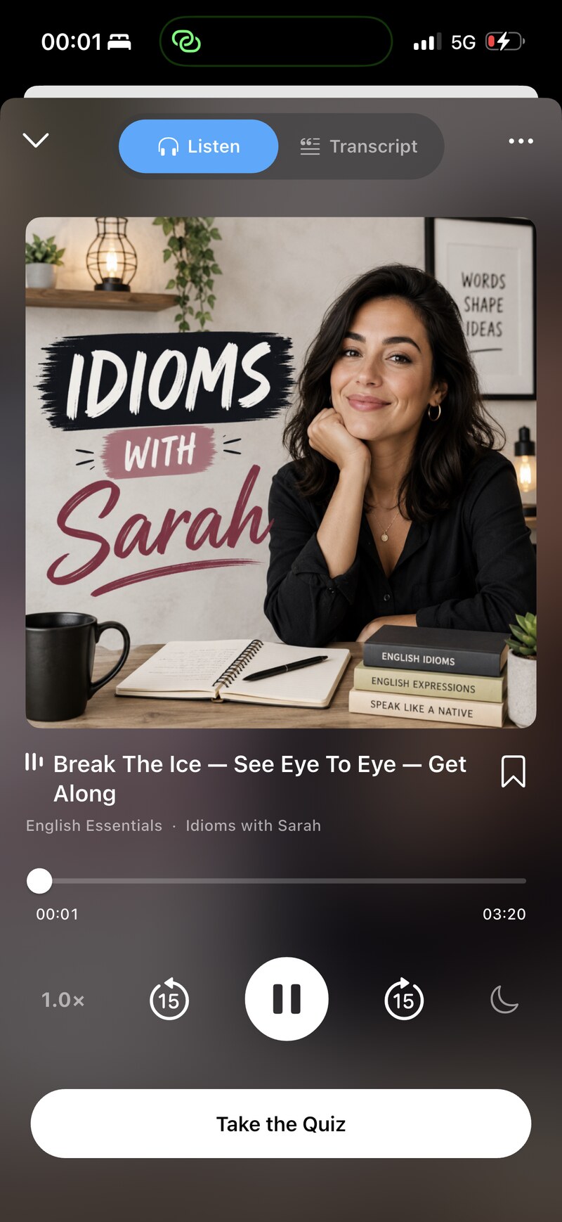 Lispora player with Listen mode active, showing Idioms with Sarah episode
