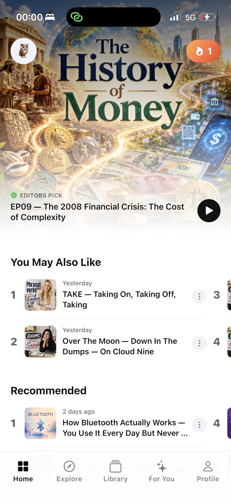 Lispora home screen featuring The History of Money series