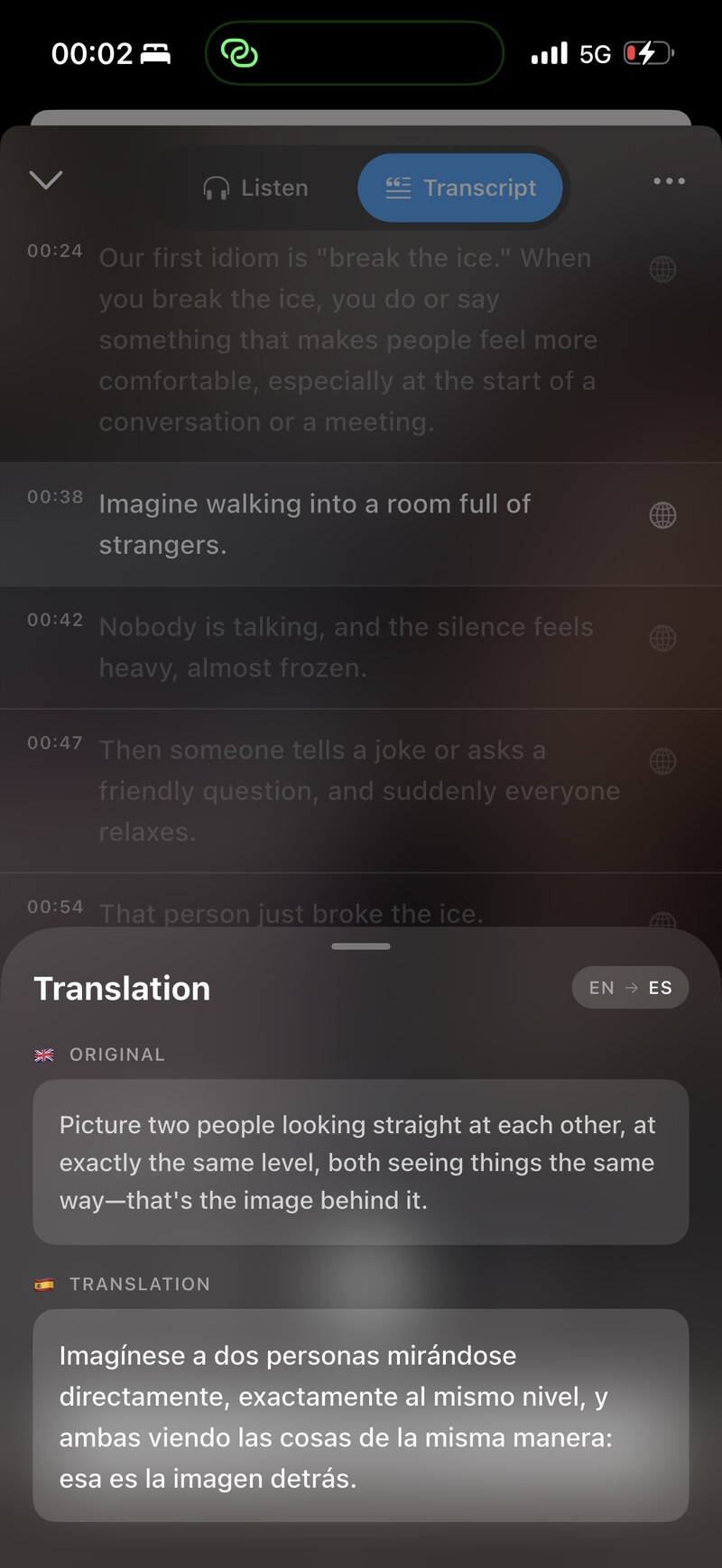 Transcript with translation panel showing English and Spanish side by side